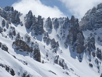 Panoramic view of snow covered mountains against sky