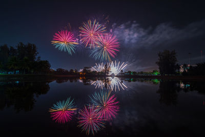 Firework display over lake against sky at night