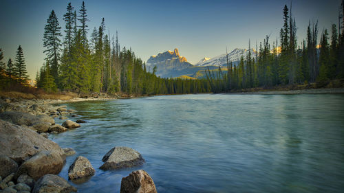 Scenic view of castle mountain and bow river 