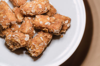 High angle view of dessert in plate on table