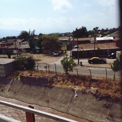 High angle view of built structures against sky