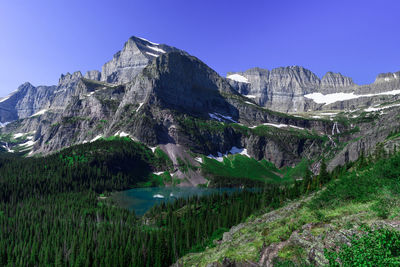 Scenic view of lake and mountains against clear blue sky