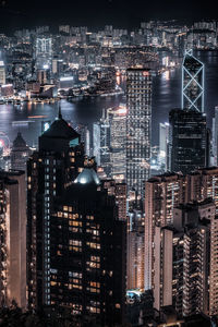 High angle view of illuminated buildings at night