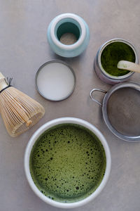 High angle view of tea in bowl on table