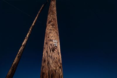 Low angle view of wooden post against clear sky
