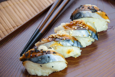 High angle view of sushi in plate