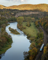 High angle view of berounka river and limestone rocks from a viewpoint in village tetín, czechia