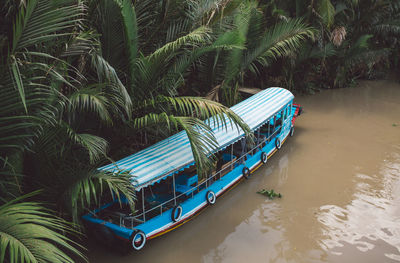 High angle view of palm trees by boats moored in river