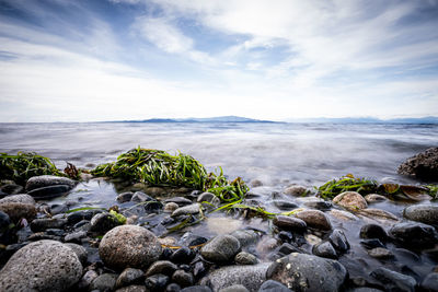 Rocks in sea against sky