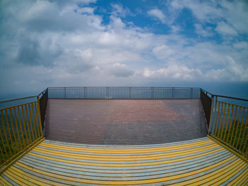 Railing by sea against sky