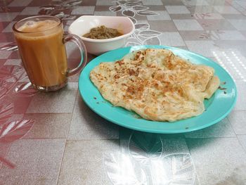 High angle view of breakfast served on table