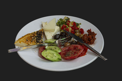 High angle view of breakfast served in plate