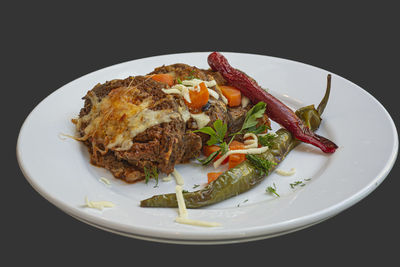 High angle view of meat in plate