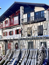 Low angle view of traditional houses basque style and clothes hanging 