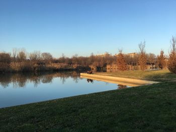 Scenic view of lake against clear sky