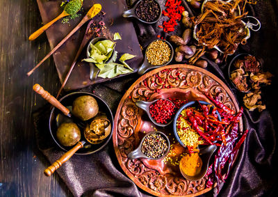 High angle view of spices in bowl on table