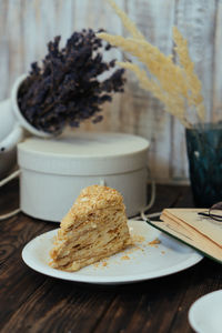 Close-up of cake served on table