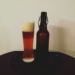 Close-up of beer in glass on table