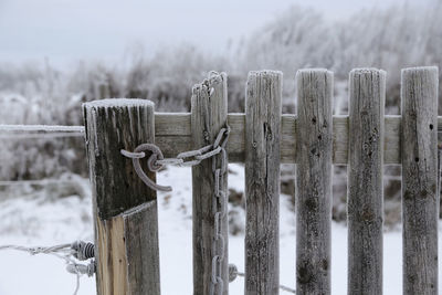 Close-up of wooden post on snow covered field