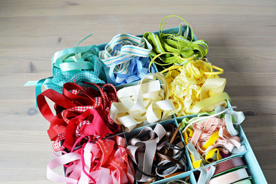 High angle view of multi colored candies on table