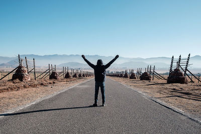 Rear view of man with arms outstretched standing against sky