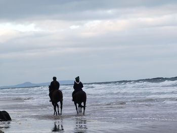 People riding horse on beach against sky