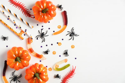 High angle view of orange berries on white background