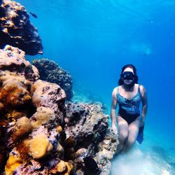 Woman swimming by coral undersea