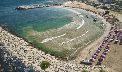 Aerial view picturesque public beach with turquoise water. los corales, la guaira, venezuela