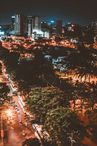 High angle view of illuminated city at night