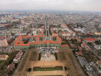 High angle view of city buildings