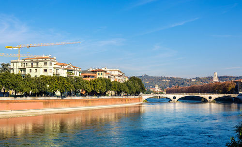 Bridge over river by buildings against blue sky