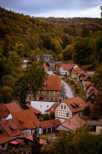 High angle view of buildings in town