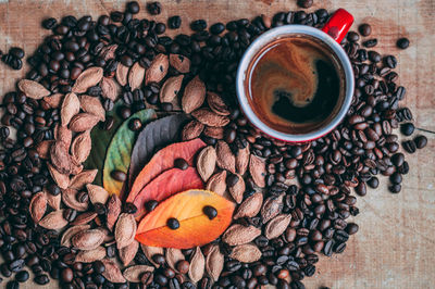 High angle view of coffee beans on table