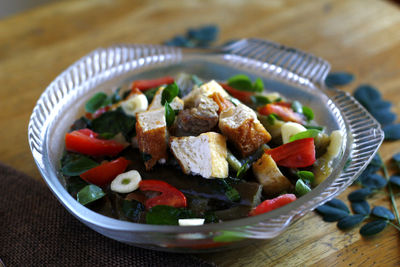 High angle view of salad in bowl on table