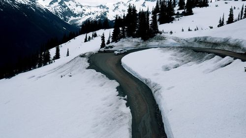 Snow covered landscape against mountain