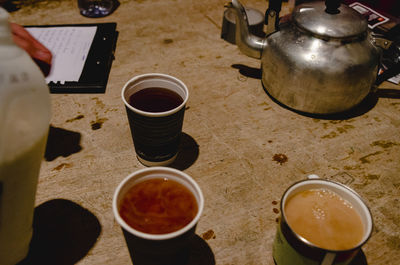 High angle view of tea cup on table