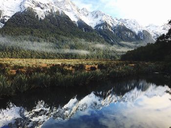 Scenic view of lake by snowcapped mountains against sky