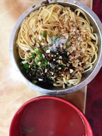 High angle view of noodles in bowl on table