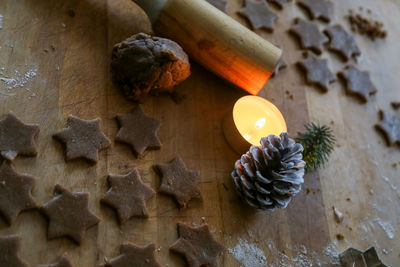 High angle view of cookies on table