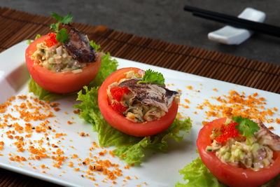 High angle view of meal served in plate