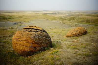 Hay bales on field against sky