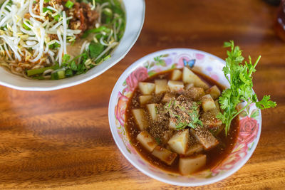 High angle view of soup in bowl
