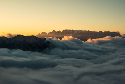 Scenic view of mountains against cloudy sky