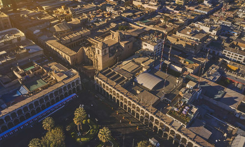 Top view of arequipa main square and cathedral church. arequipa, peru.