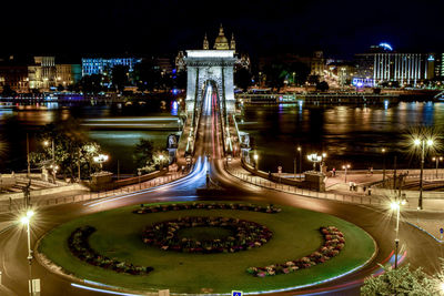 High angle view of light trails on city at night