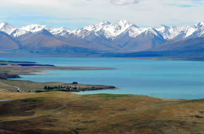 Scenic view of snowcapped mountains and lake against sky