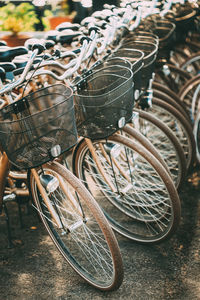 High angle view of bicycle parked on footpath