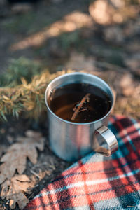 High angle view of coffee cup on table
