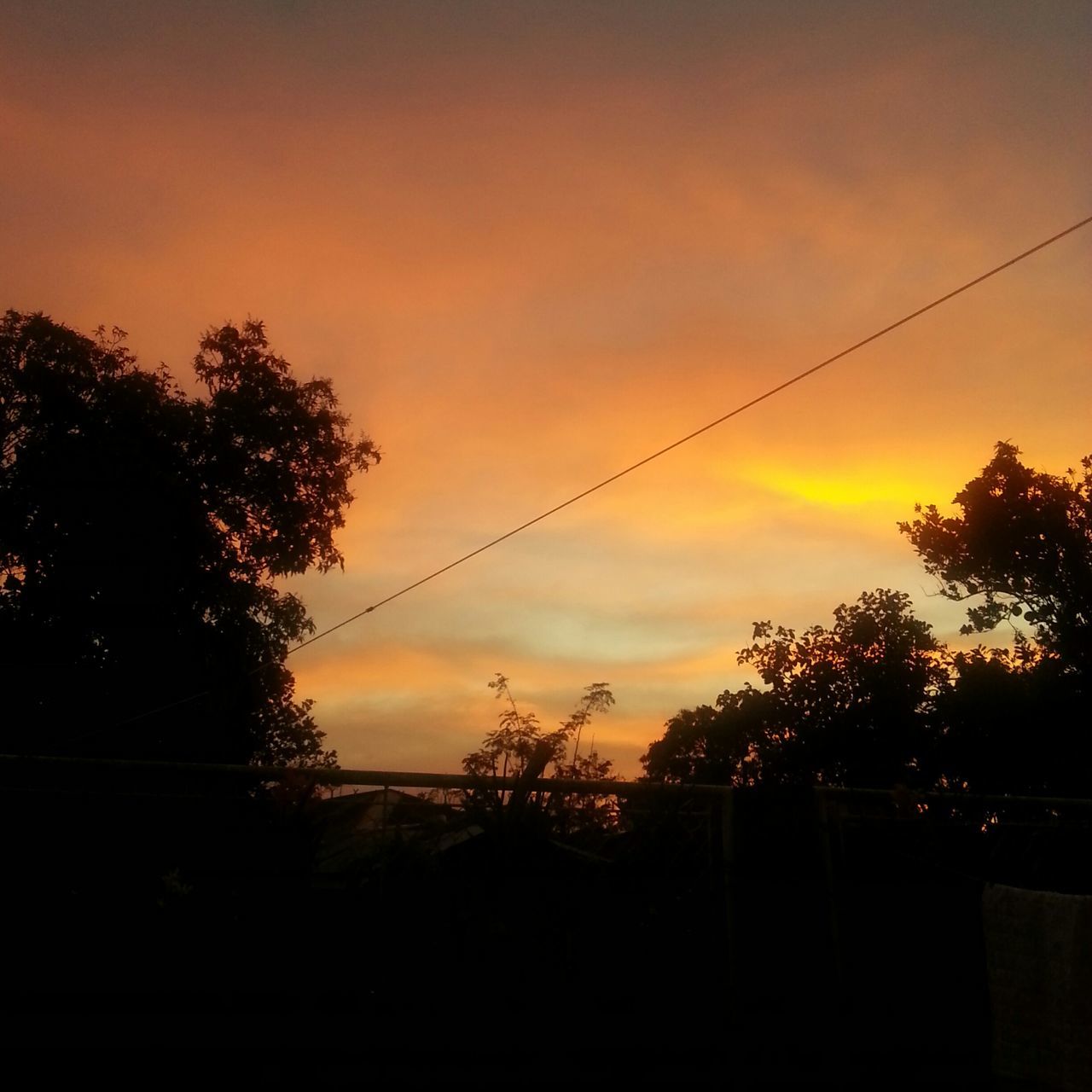 sunset, silhouette, tree, sky, power line, orange color, tranquility, beauty in nature, tranquil scene, scenics, electricity pylon, nature, cable, connection, cloud - sky, electricity, idyllic, dark, power supply, outdoors